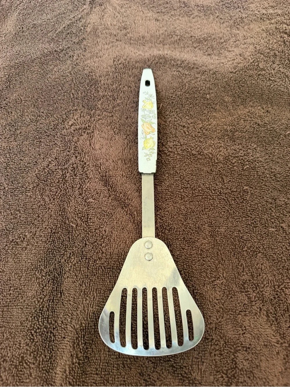 Vintage 1970s Slotted Spatula Turner Stainless Steel USA Floral Vegetable Handle